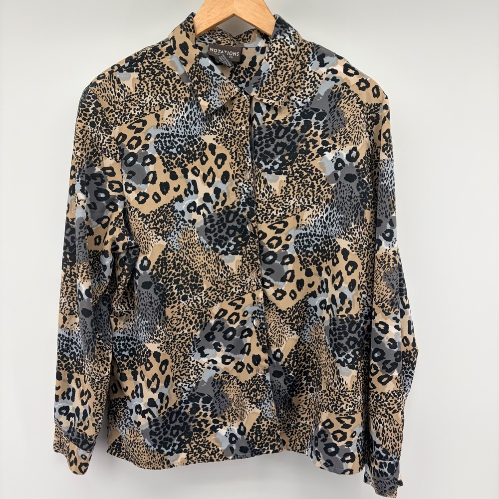 Notations Leopard Print Blouse Button Up Shirt Mixed Animal Print Women Size L